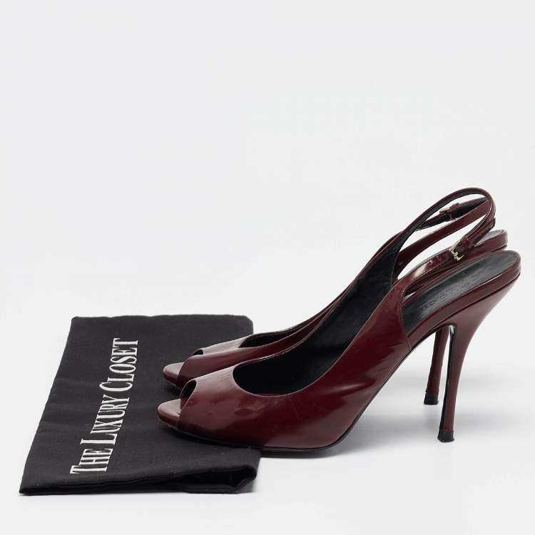 Pre Owned Gucci Burgundy Patent Leather Peep Toe Slingback Pumps Size 38.5