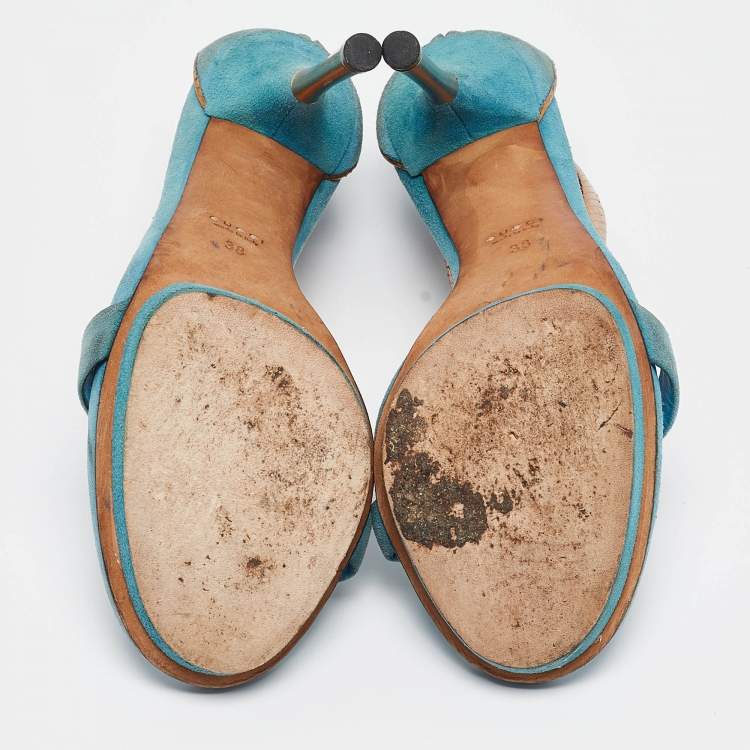 Pre Owned Gucci Blue Suede Kelis Ankle Strap Sandals Size 38