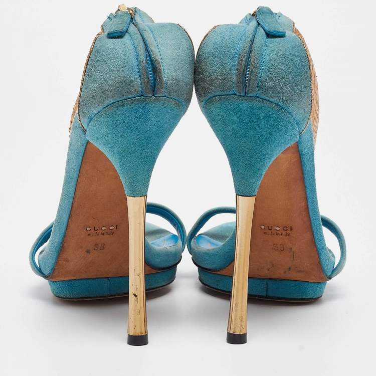 Pre Owned Gucci Blue Suede Kelis Ankle Strap Sandals Size 38
