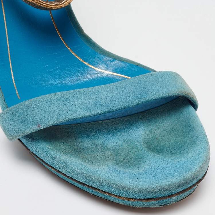 Pre Owned Gucci Blue Suede Kelis Ankle Strap Sandals Size 38
