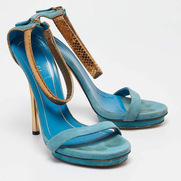 Pre Owned Gucci Blue Suede Kelis Ankle Strap Sandals Size 38