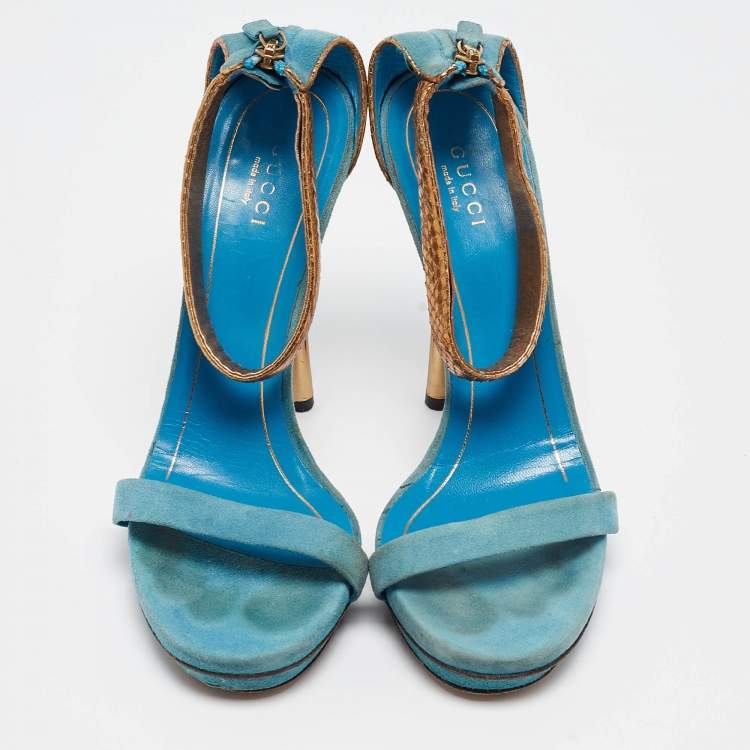 Pre Owned Gucci Blue Suede Kelis Ankle Strap Sandals Size 38