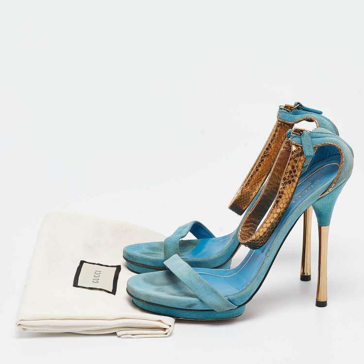 Pre Owned Gucci Blue Suede Kelis Ankle Strap Sandals Size 38