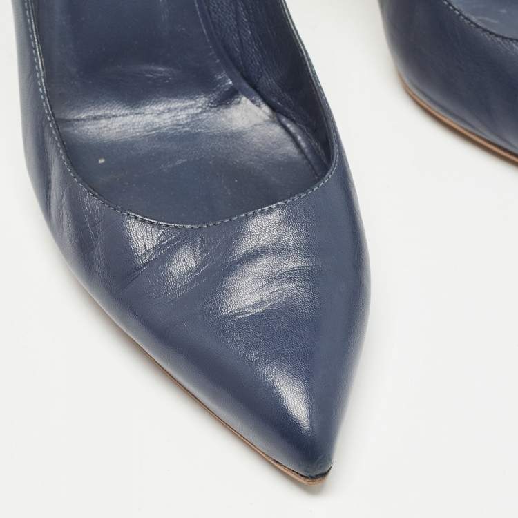 Pre Owned Gucci Navy Blue Leather Pointed Toe Pumps Size 38.5
