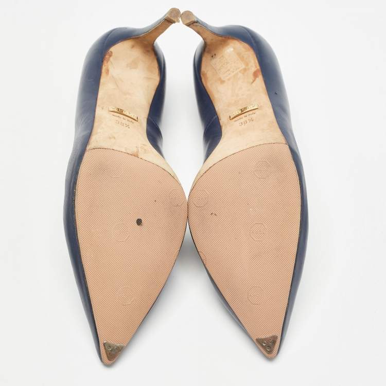 Pre Owned Gucci Navy Blue Leather Pointed Toe Pumps Size 38.5