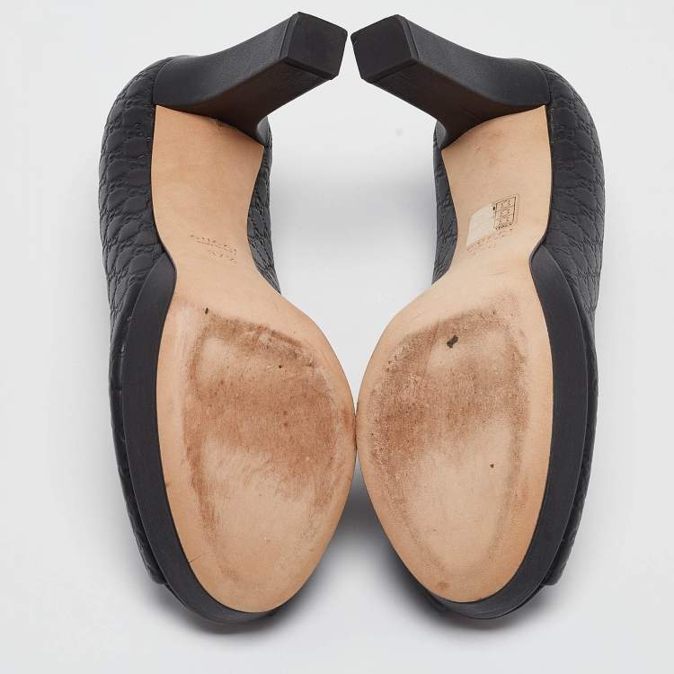 Pre Owned Gucci Black Microguccissima Leather Peep Toe Platform Pumps Size 37.5