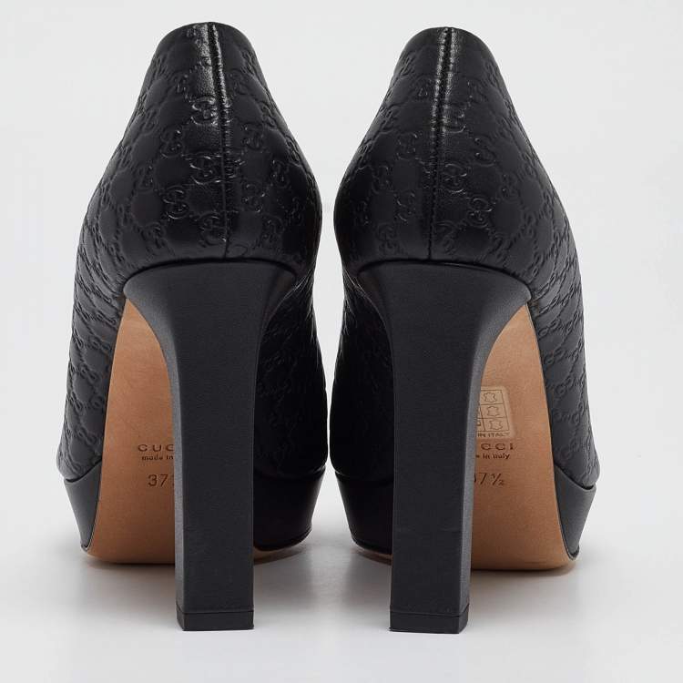 Pre Owned Gucci Black Microguccissima Leather Peep Toe Platform Pumps Size 37.5