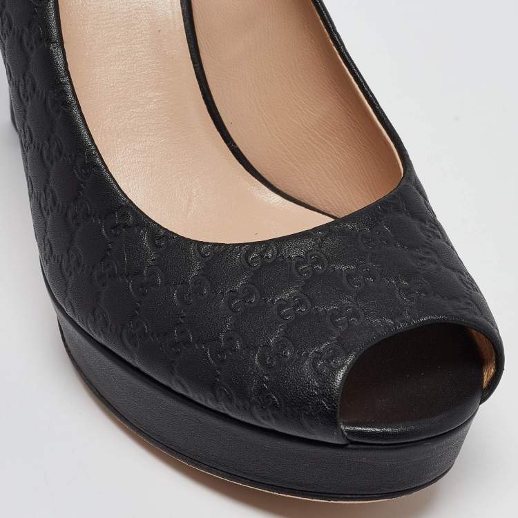 Pre Owned Gucci Black Microguccissima Leather Peep Toe Platform Pumps Size 37.5