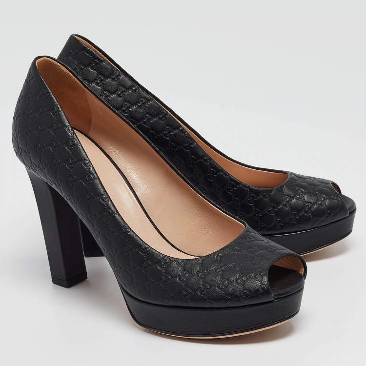 Pre Owned Gucci Black Microguccissima Leather Peep Toe Platform Pumps Size 37.5