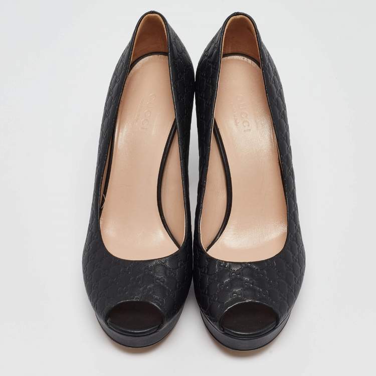 Pre Owned Gucci Black Microguccissima Leather Peep Toe Platform Pumps Size 37.5