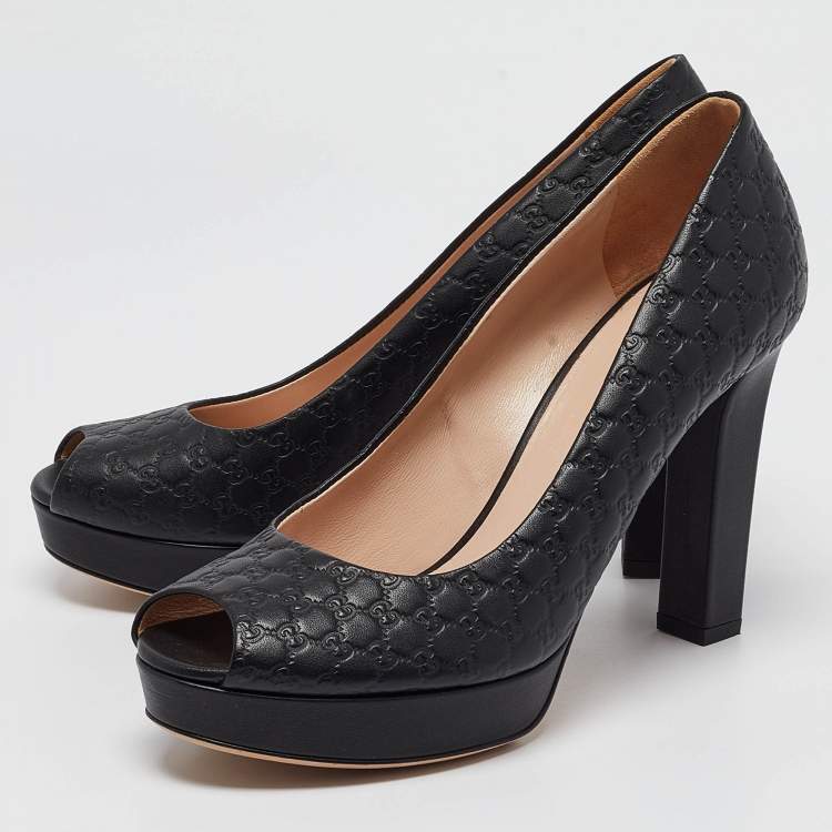Pre Owned Gucci Black Microguccissima Leather Peep Toe Platform Pumps Size 37.5