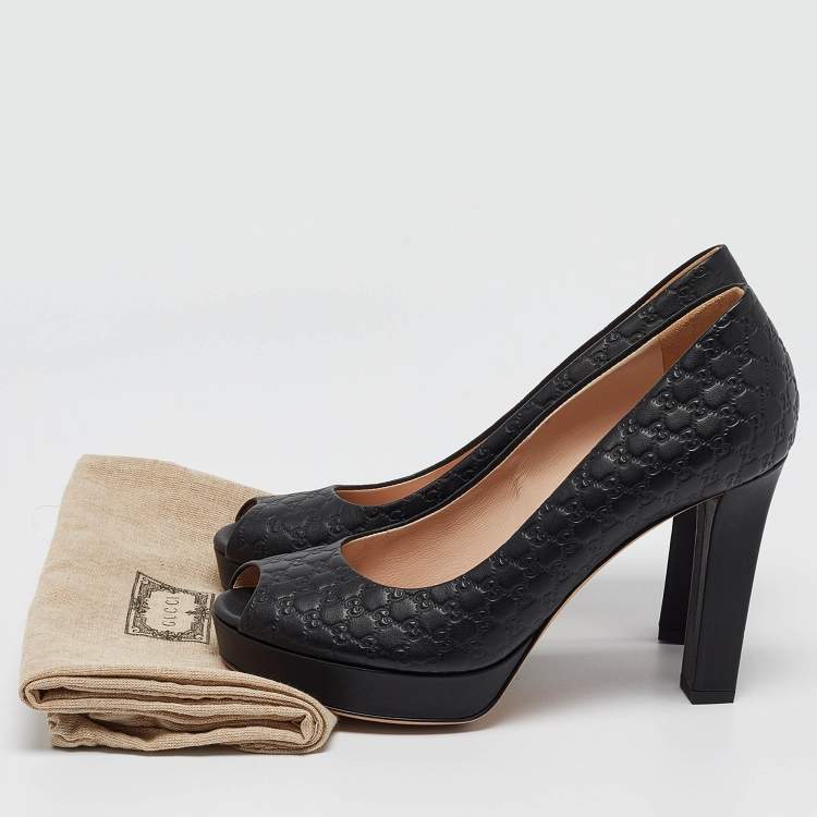 Pre Owned Gucci Black Microguccissima Leather Peep Toe Platform Pumps Size 37.5