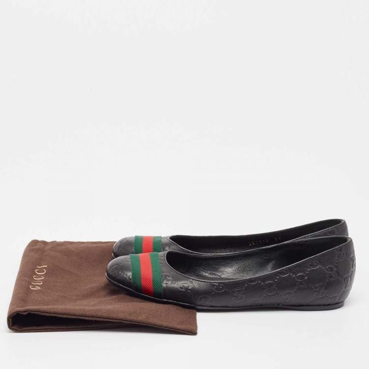 Pre Owned Gucci Black Guccissima Leather Web Detail Ballet Flats Size 37