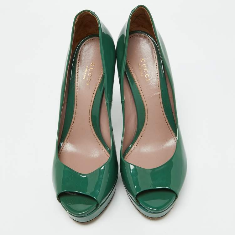 Pre Owned Gucci Green Patent Leather Peep Toe Platform Pumps Size 39
