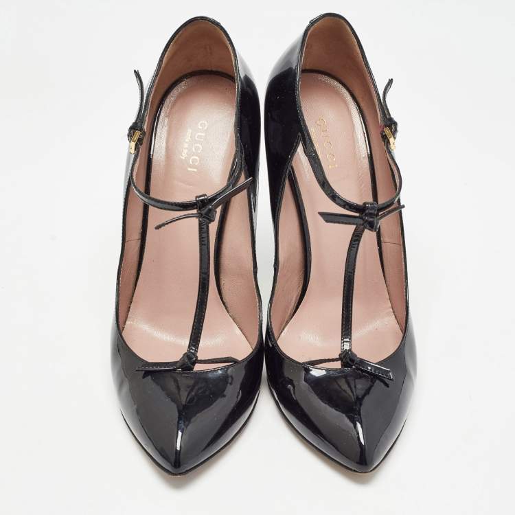 Pre Owned Gucci Black Patent Leather Beverly T Strap Pumps Size 39