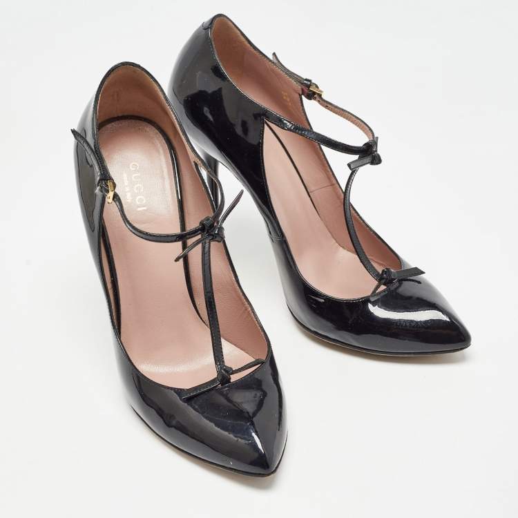 Pre Owned Gucci Black Patent Leather Beverly T Strap Pumps Size 39