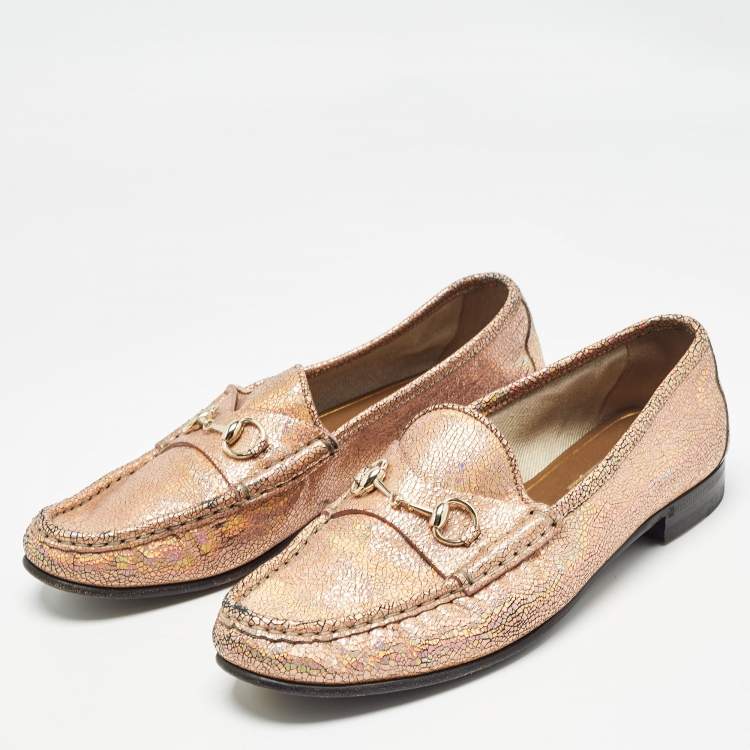 Pre Owned Gucci Metallic Pink Textured Suede Horsebit Loafers Size 40 