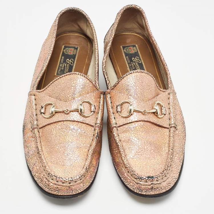 Pre Owned Gucci Metallic Pink Textured Suede Horsebit Loafers Size 40 