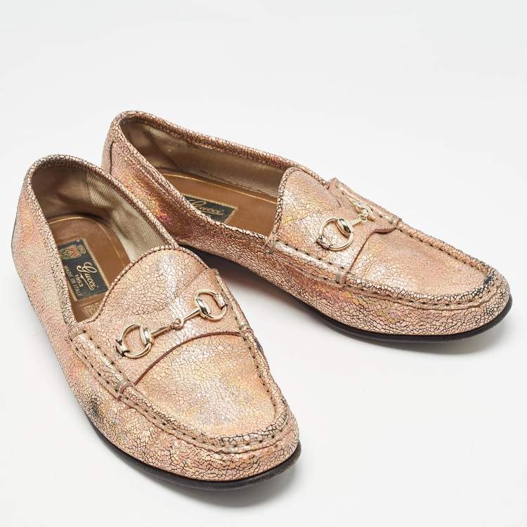 Pre Owned Gucci Metallic Pink Textured Suede Horsebit Loafers Size 40 