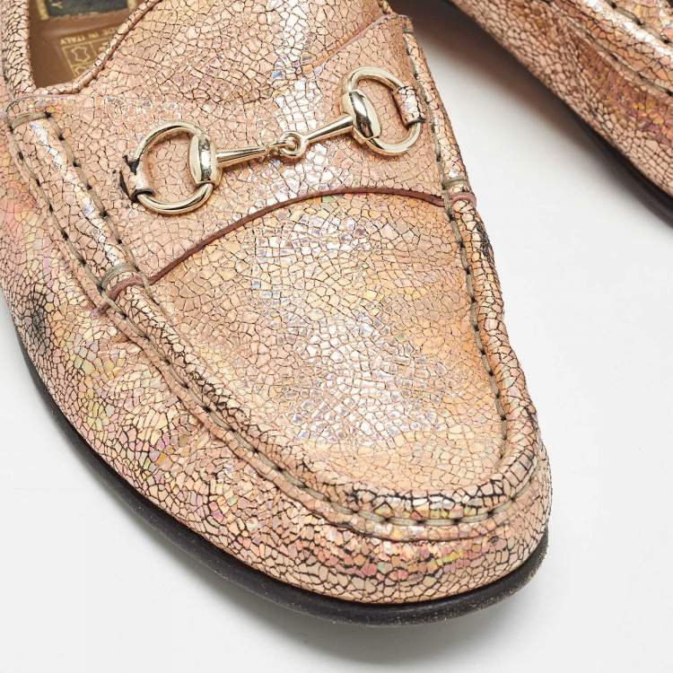 Pre Owned Gucci Metallic Pink Textured Suede Horsebit Loafers Size 40 