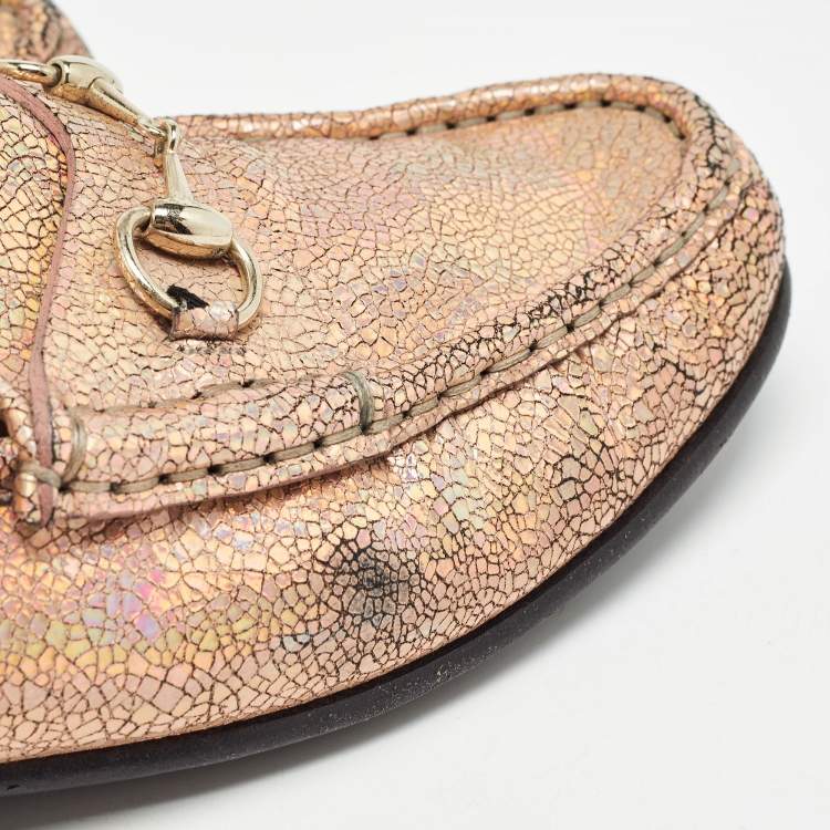 Pre Owned Gucci Metallic Pink Textured Suede Horsebit Loafers Size 40 