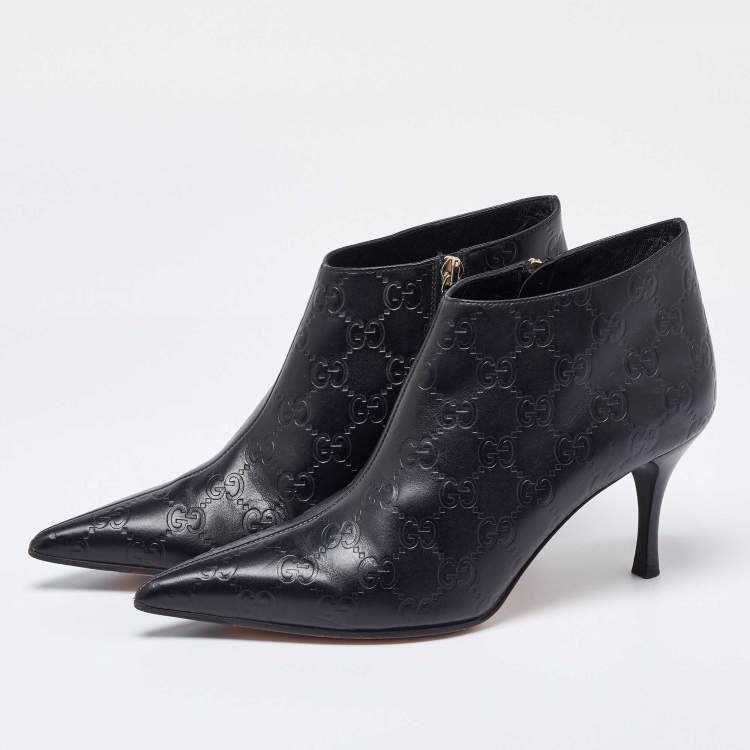 Pre Owned Gucci Black Guccissima Leather Pointed Toe Booties Size 37