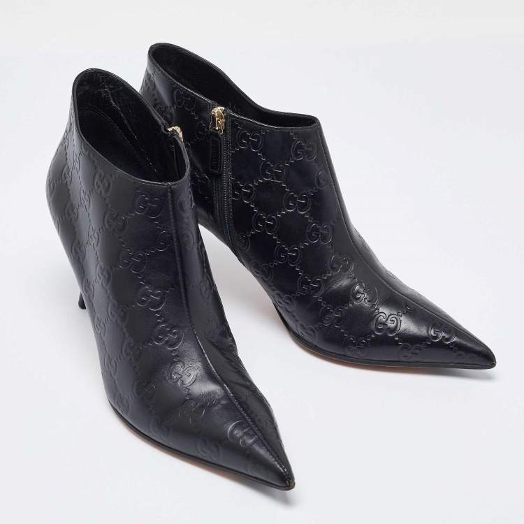Pre Owned Gucci Black Guccissima Leather Pointed Toe Booties Size 37