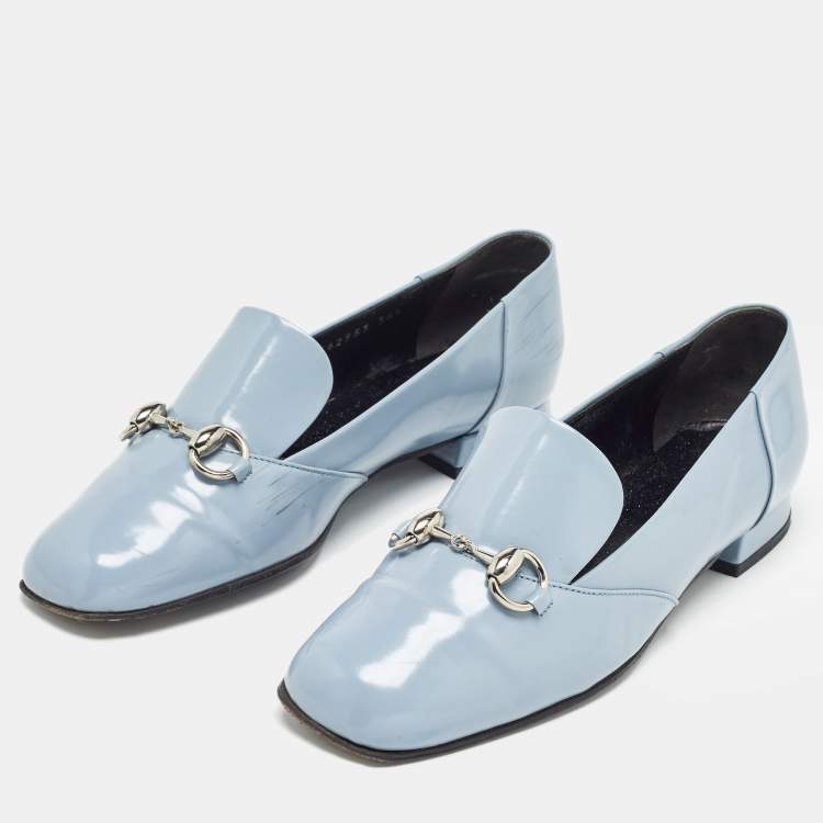 Pre Owned Gucci Light Blue Patent Leather Horsebit Loafers Size 36.5