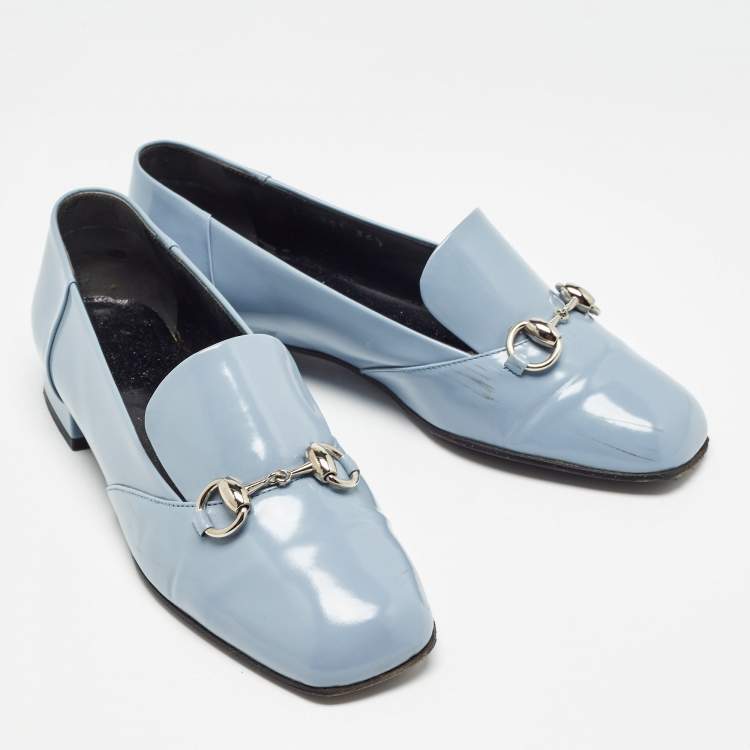 Pre Owned Gucci Light Blue Patent Leather Horsebit Loafers Size 36.5