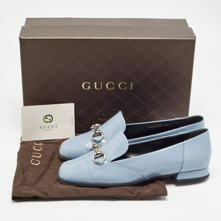 Pre Owned Gucci Light Blue Patent Leather Horsebit Loafers Size 36.5