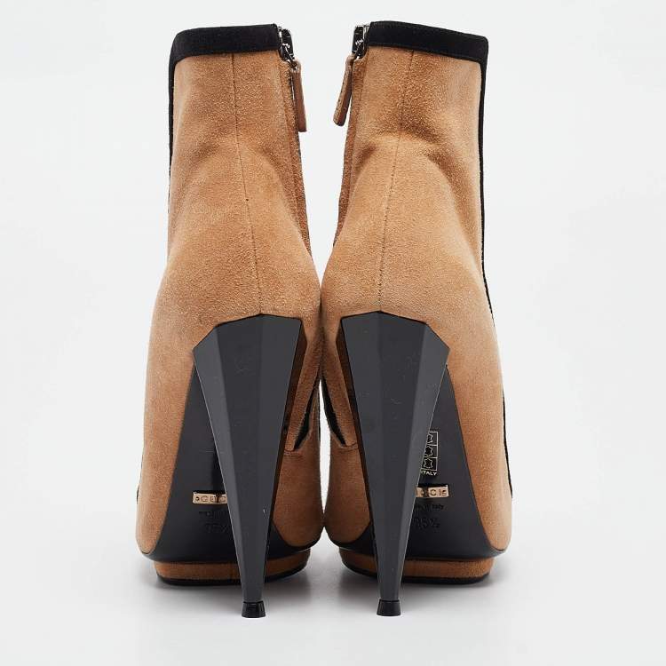 Pre Owned Gucci Brown/Black Suede and Fabric Olimpia Strappy Ankle Boots Size 35.5