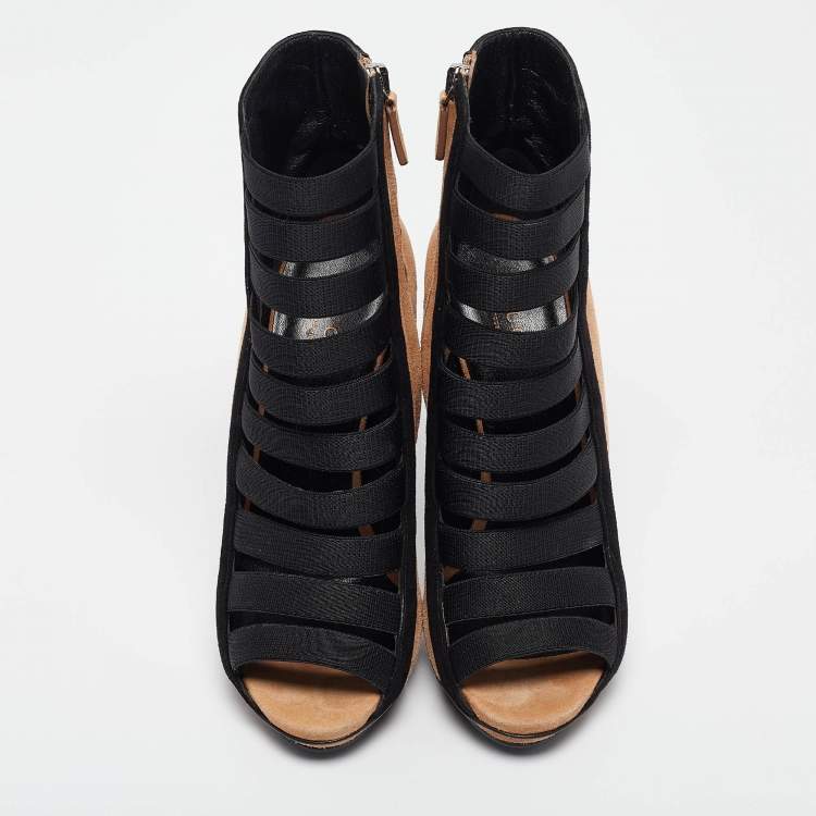 Pre Owned Gucci Brown/Black Suede and Fabric Olimpia Strappy Ankle Boots Size 35.5