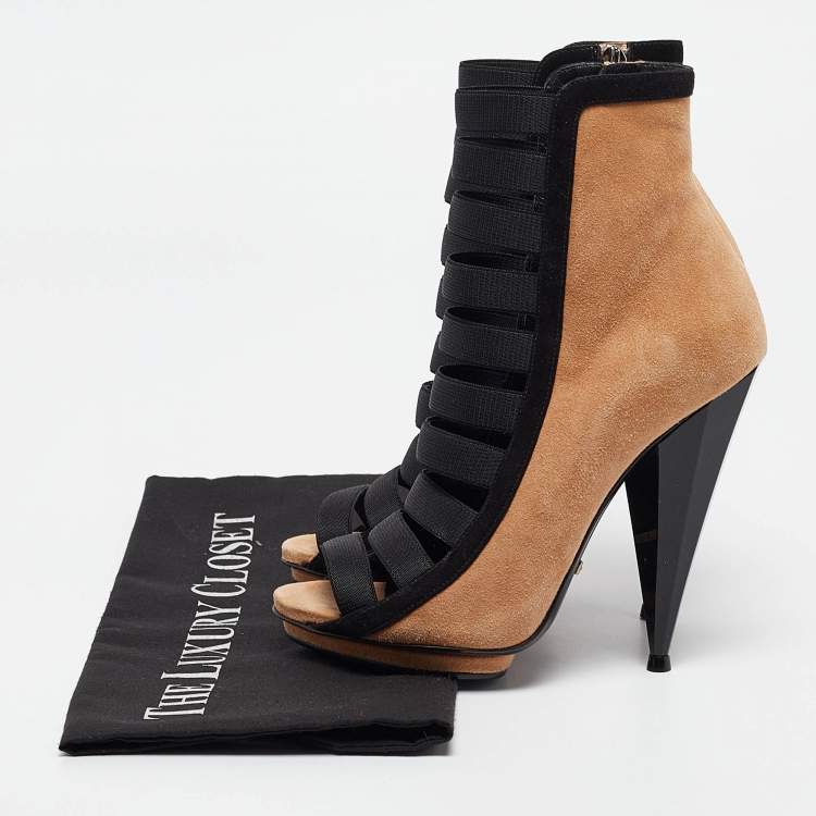 Pre Owned Gucci Brown/Black Suede and Fabric Olimpia Strappy Ankle Boots Size 35.5