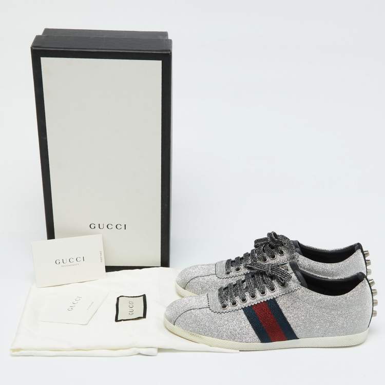 Pre Owned Gucci Metallic Silver Glitter Bambi Web Detail Studded Low Top Sneakers Size 37.5