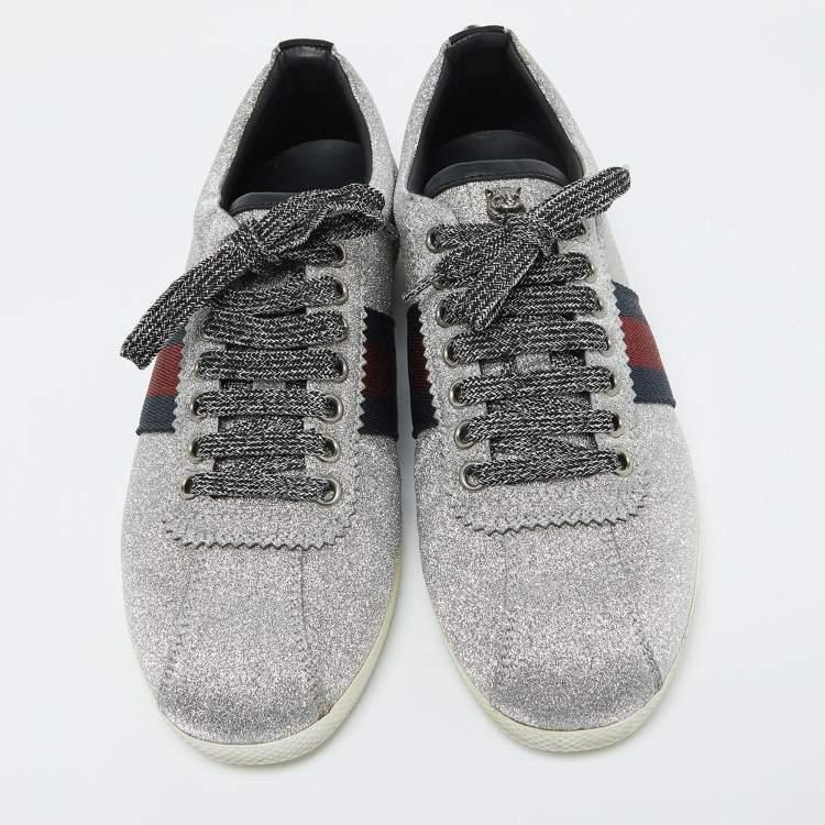 Pre Owned Gucci Metallic Silver Glitter Bambi Web Detail Studded Low Top Sneakers Size 37.5