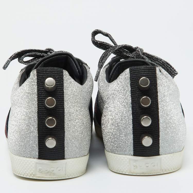 Pre Owned Gucci Metallic Silver Glitter Bambi Web Detail Studded Low Top Sneakers Size 37.5
