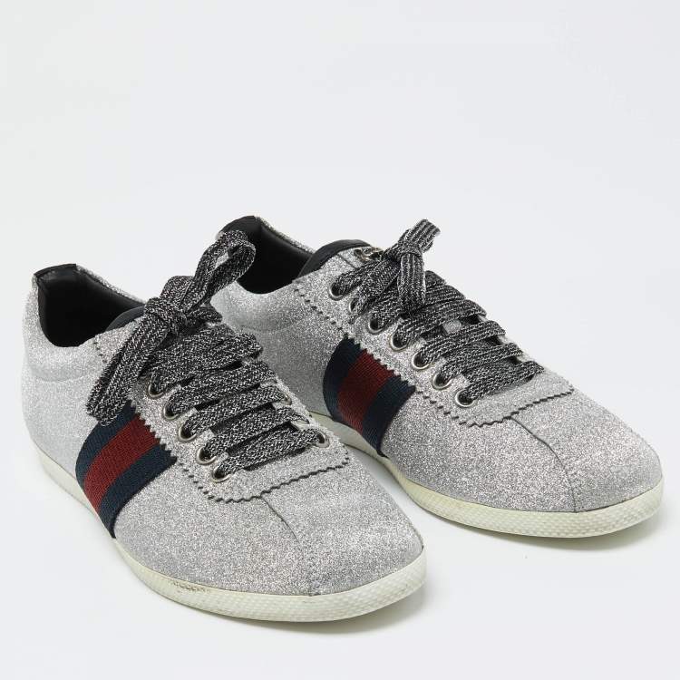 Pre Owned Gucci Metallic Silver Glitter Bambi Web Detail Studded Low Top Sneakers Size 37.5