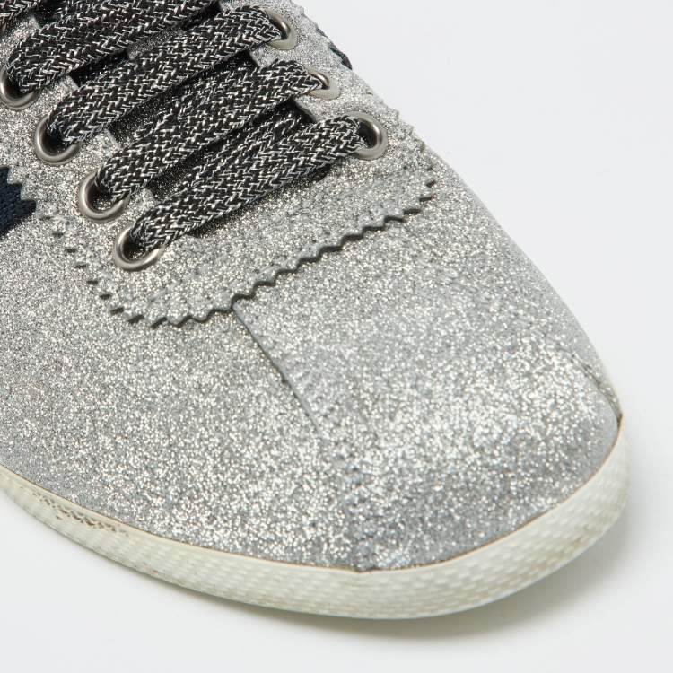 Pre Owned Gucci Metallic Silver Glitter Bambi Web Detail Studded Low Top Sneakers Size 37.5
