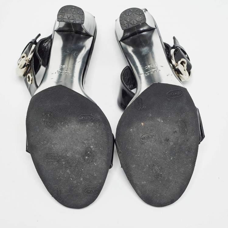 Pre Owned Gucci Black Patent Leather Buckle Detail Ankle Strap Sandals Size 38.5