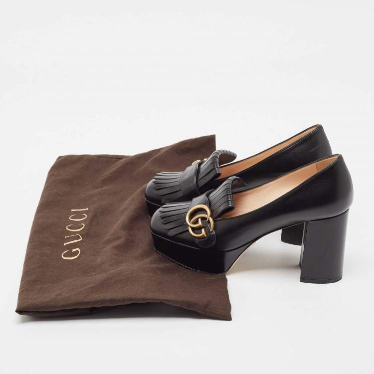 Pre Owned Gucci Black Leather GG Marmont Fringed Platform Pumps Size 36