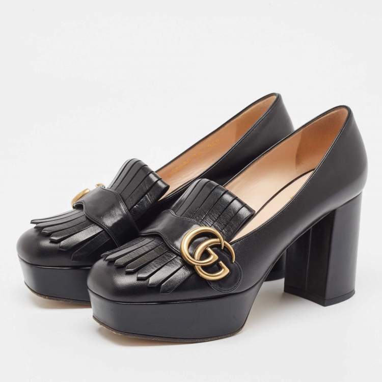 Pre Owned Gucci Black Leather GG Marmont Fringed Platform Pumps Size 36