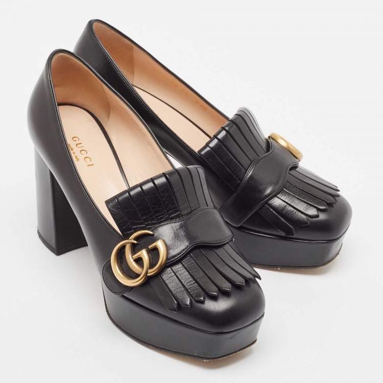 Pre Owned Gucci Black Leather GG Marmont Fringed Platform Pumps Size 36