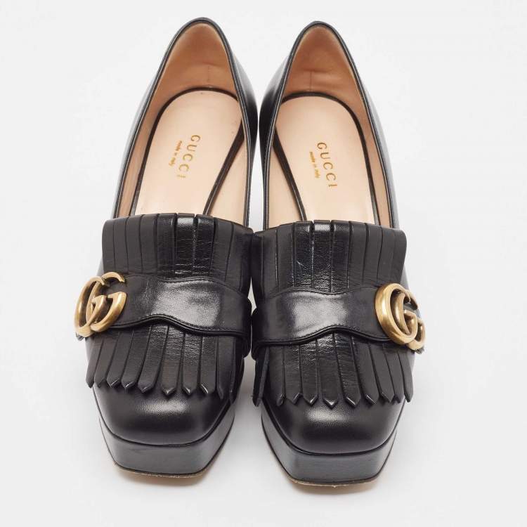 Pre Owned Gucci Black Leather GG Marmont Fringed Platform Pumps Size 36