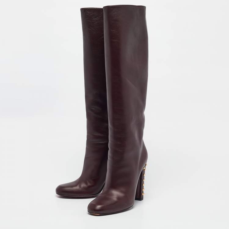 Pre Owned Gucci Burgundy Leather Knee Length Boots Size 41