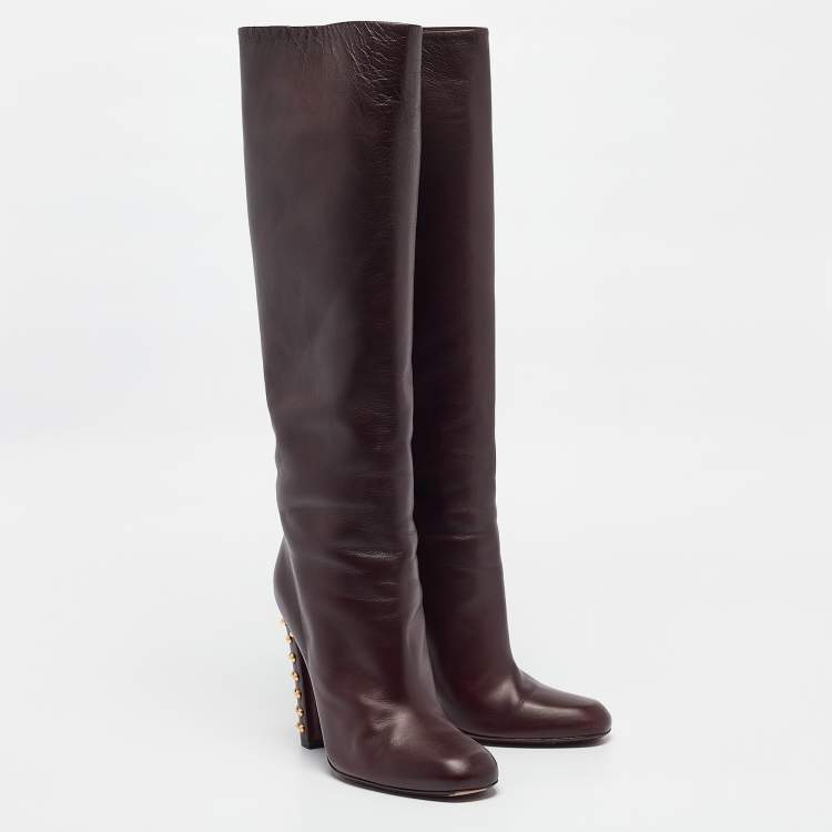 Pre Owned Gucci Burgundy Leather Knee Length Boots Size 41