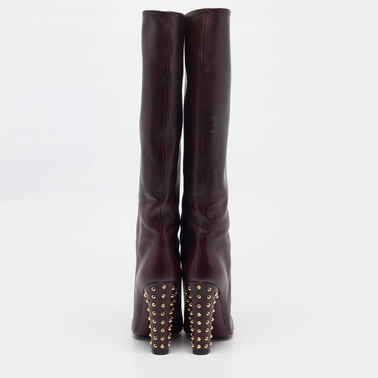 Pre Owned Gucci Burgundy Leather Knee Length Boots Size 41