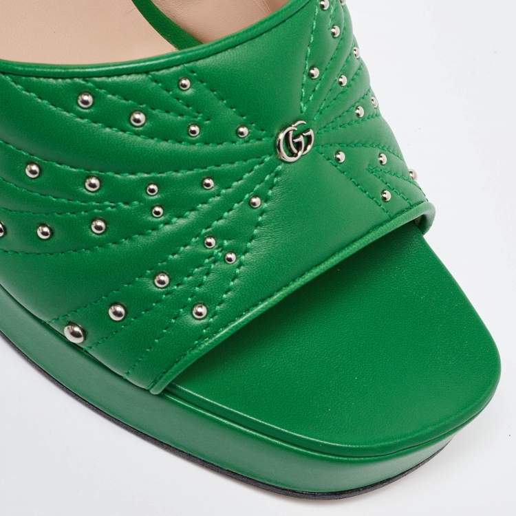 Pre Owned Gucci Green Leather Studded Platform Slide Sandals Size 41