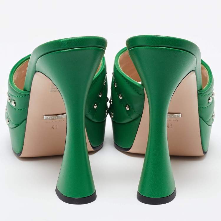 Pre Owned Gucci Green Leather Studded Platform Slide Sandals Size 41