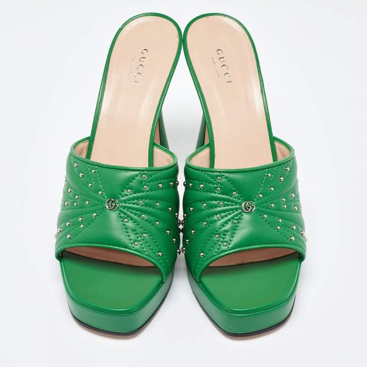 Pre Owned Gucci Green Leather Studded Platform Slide Sandals Size 41