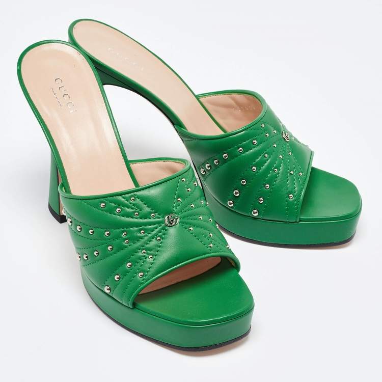 Pre Owned Gucci Green Leather Studded Platform Slide Sandals Size 41